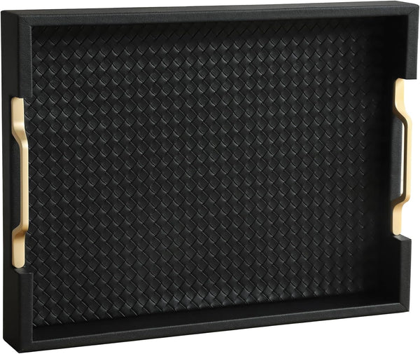 HofferRuffer Faux Leather Rectangle Serving Tray Decor Platter with Gold Metal Handles