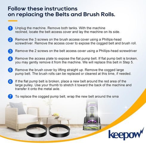KEEPOW Replacement Belts for Bissell Vacuum 3071 and 3067 TurboClean, 2 Pack, Replace Part 1626502
