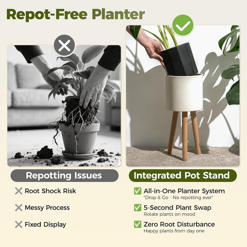 Bamworld Single Plant Holder for Indoor Plants Metal Planter Stand Wooden Leg White Plant Stand Indoor Flower Pot Stand