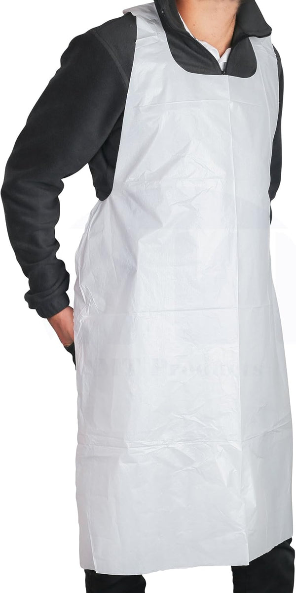 MT Products 2 Mil White Disposable Poly Aprons 46"x28" - Waterproof Plastic