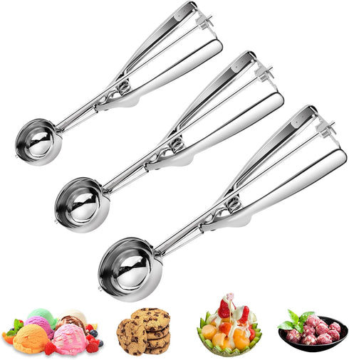 3PCS Premium Ice Cream Scoop Set, Small/Medium/Large Stainless Steel Scoops, Professional Trigger Release by AOULELA