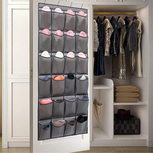 Over The Door Hanging Shoe Organizer, 24 Large Fabric Pockets Holder with 4 Sturdy Hooks (GREY)
