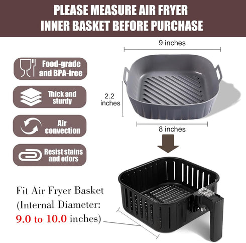 Silicone Liners Square 9 Inches for Large Air Fryer, 4 Pcs Non-stick Reusable Baking Tray Accessories