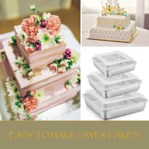 E-far Square Cake Pan Set with Lid, 6/8/9-Inch Stainless Steel Bakeware Set of 3, Easy Clean & Dishwasher Safe