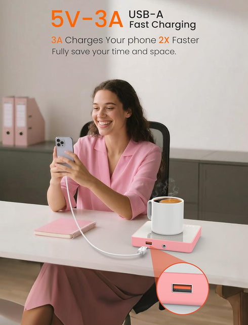 15W 3A 3 Settings 8H Coffee Mug Warmer with Wireless Phone Charger & USB Charging Port, Temp & Auto Shut Off, Candle