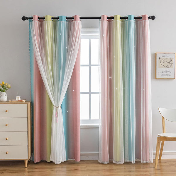 conokata Star Girl and Kids Curtains for Bedroom Rainbow Ombre Double Layer Cute