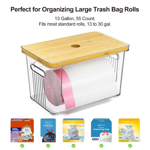 WBKATN 2 Pack Trash Bag Holder with Bamboo Lid, Stackable Acrylic Trash Bag Dispenser Roll Holder Under Sink, Plastic
