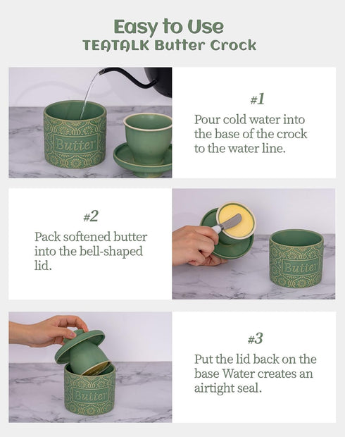 6.7oz TEATALK Ceramic French Butter Crock - Vintage Relief Pattern Butter Keeper with Water Seal, Green Butter Dish