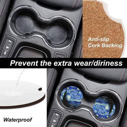 Ceramic Car Coasters for Women/Men, Absorbent Drink Cup Holders with Finger Notch, Pack of 2, Starry Night