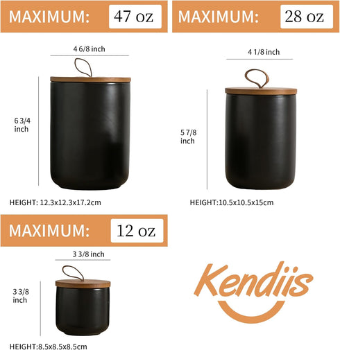 Canister Sets for Kitchen, Black Ceramic Kitchen Canisters with Airtight Wood Lids, Set of 3 for Flour and Sugar