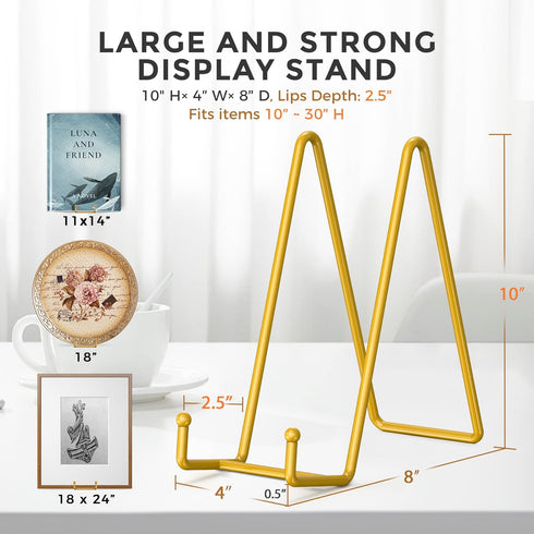 TR-LIFE 10 Inch Large Plate Holder Stands for Display - Metal Picture Frame + Small Easels for Decorative Plates, Gold