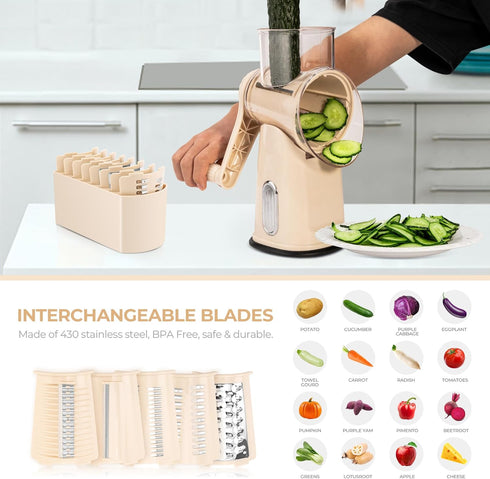 5 SUSTEAS Rotary Cheese Grater with Handle - Vegetable Shredder with Well-designed Blades & Strong Suction Base,Round