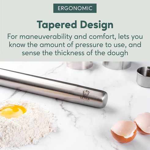 Ultra Cuisine French Rolling Pin for Baking – Tapered Design, Stainless Steel, 15.75-inch Large Roller Pin