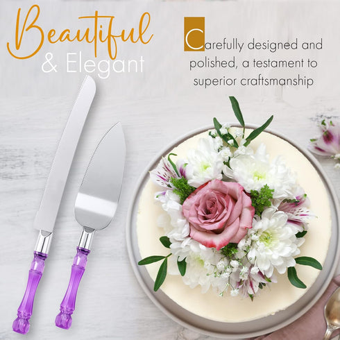 Cake Knife and Server Set, Cake Cutter and Pie Spatula, Cake Server and Knife Set with Acrylic Faux Crystal Handles, Cake Cutting Set for Wedding Cake, Birthdays, and Parties (Purple Silver) by LUSHIG