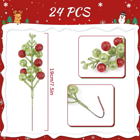 Meching 24 Pack 7.5 Inch Christmas Glitter Green Red Berry Stems, Artificial Christmas Berries Picks for DIY Crafts