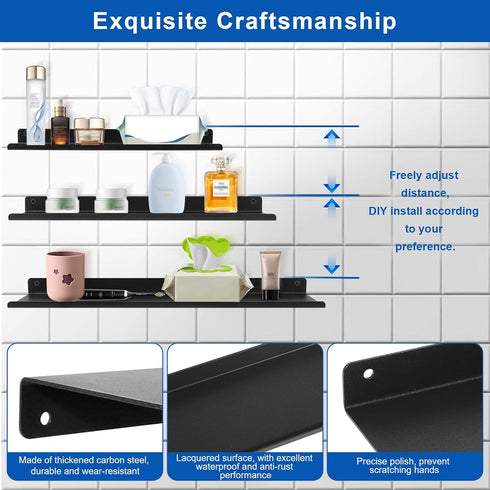 Uten Floating Shelves: Wall Mounted Iron Shelves Set of 3, Bathroom Storage Organizer Decor Shelf for Home, Black