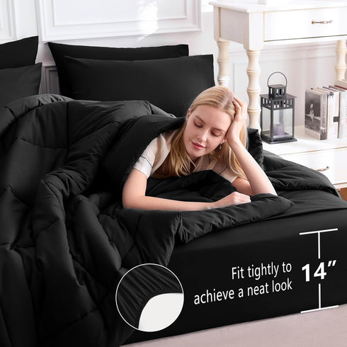 CozyLux Set 5 Set Twin Comforter with Sheets Black, Pieces Bed in a Bag, Black Comforter Twin Size, All Season Bedding