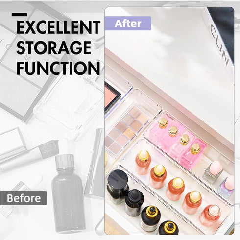 HOUSE DAY 8 PCS Desk Drawer Organizer Bins, 9*3*2" Clear Organizers with Silicone Pads for Makeup, Kitchen, Office