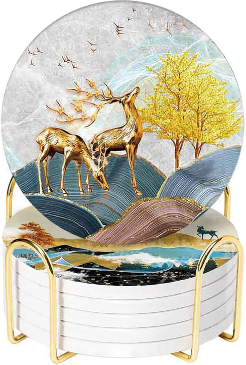 Set 6 Drink Coasters of with Holder, Ceramic Absorbent Boho Coaster for Drinks with Base and Golden Holder