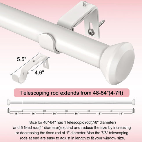 Heavy Duty Curtain Rods for Windows: 1 Inch Adjustable White Curtain Rods for 48 to 84 Inch Windows
