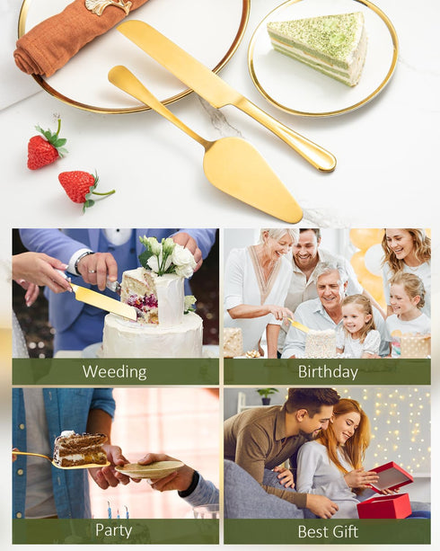 2-Piece Premium Cake Cutting Set, Exquisite Knife and Server with Serrated Design for Pastry and Desserts (Gold)