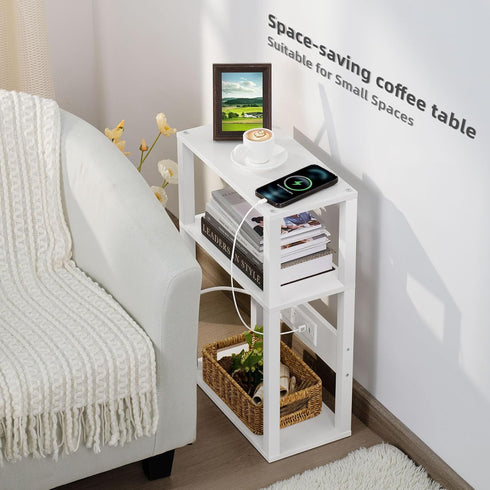 3-Tier YUFAM Small Narrow Wood Side Table with Charging Station, Skinny Nightstand for Small Space, Slim Bedside Table