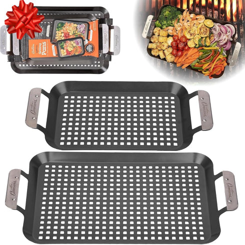 Camerons BBQ Grill Topper Grilling Pans, Set of 2, Non-Stick Barbecue Trays for Indoor Outdoor Use