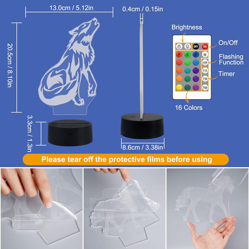 FULLOSUN Wolf Gifts, 3D Night Light for Kids, Optical Illusion Lamp with Remote Controller and 16 Color Changing