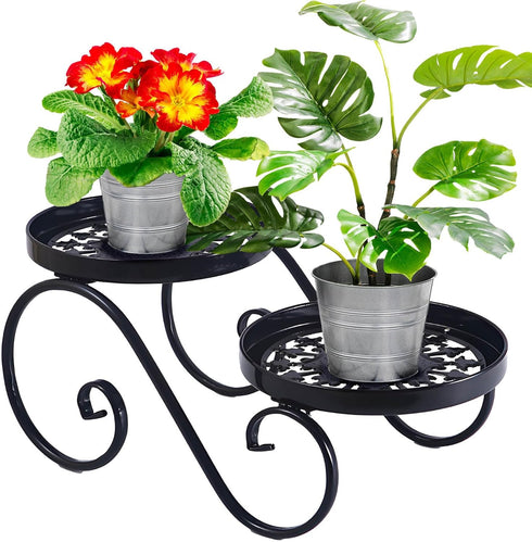 2 Tier Black Plant Stand, Metal Flower Stand Indoor Outdoor, Anti-Rust Iron