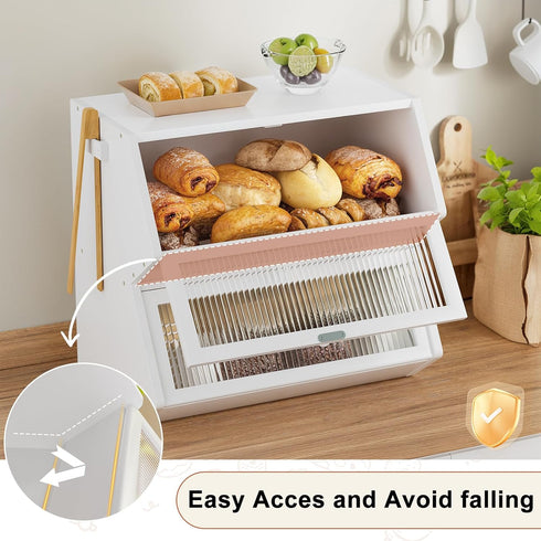 Countertop, Counter WOWLIVE Double Layer Bread Box for Kitchen Large Bamboo Bread Storage Container for Homemade Bread