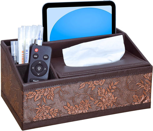 Marte Vanci Leather Tissue Box Cover, Multifunctional Tissue Holder with Remote Control Caddy for Desk, Nightstand
