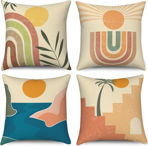 Boho Pillow Covers 16x16 Inch, Vintage Sunrise Throw Pillow Covers, Abstract Arch Terracotta Linen Pillow Cases