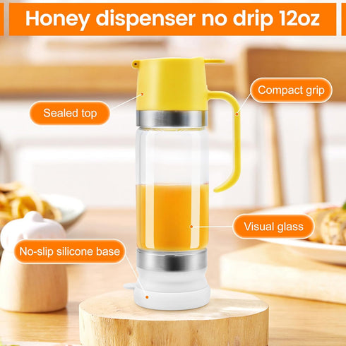 aeloer 12 OZ Glass Honey Dispenser No Drip with Stand, Honey Pot Jar with Handle, Syrup Dispenser for Coffee or Tea
