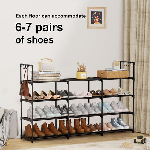DYJIEKAI 3 4 24-30 Closet,Wide Row Tier Long Shoe Rack, Black Metal Stackable Shoe Shelf with Multifunctional Hooks