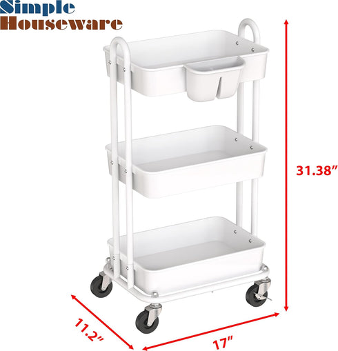 3-Tier Simple Houseware Multifunctional Rolling Utility Cart with Hanging Bucket, White