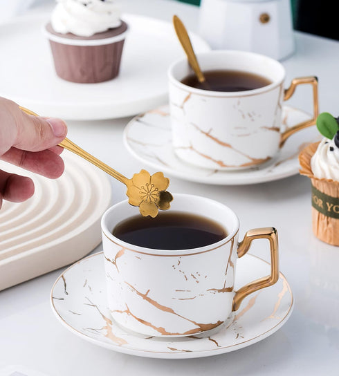 4- 7OZ -TCS26 4) Jusalpha Serve of Hand Printed Golden Matte Ceramic Marble Tea Coffee/Tea Cups with Spoons and Cup
