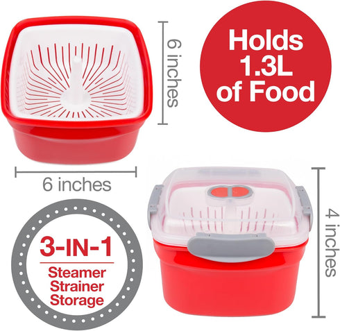Microwave Cookware Steamer, 3 Piece Microwave Cooker with Food Container, Removable Strainer, BPA Free, 1.3 Liters