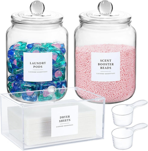 Glass Jars and Dryer Sheet Holder Set, Dispenser with Lids and Labels for Laundry Room Organization, Airtight Half