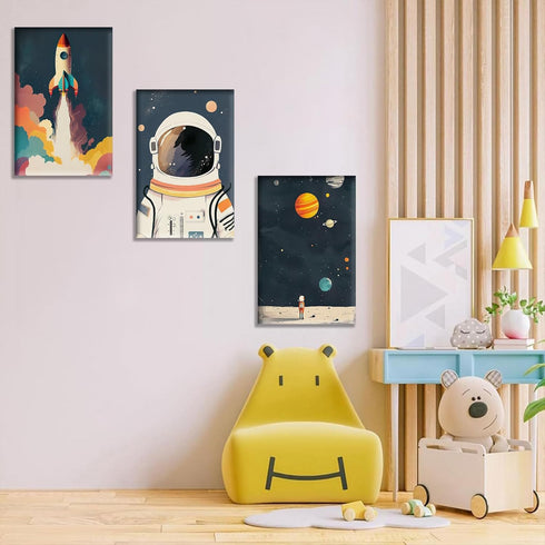 XLXARTQN 3Pcs Astronaut Wall art Nursery Space Adventure Posters Prints Rocketship Wall Decor Explore Dream Galaxy