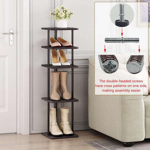 5 5 SORCEDAS Tiers Vertical Shoe Rack Wooden Shoe Storage Organizer for Space Saving Narrow Shoe Shelf Storage Pairs