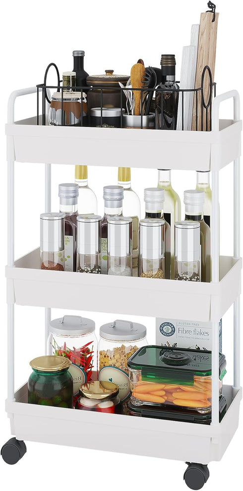 Rolling Storage Cart 3 Tier Organizer Mobile Shelving Unit Storage Rolling Utility Cart with Wheels for Kitchen Bathroom Laundry,White by Buzowruil