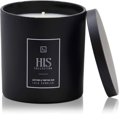 Lulu Candles Leather & Tibetan Oud - His Collection, Luxury Scented Soy Jar Candle, Hand Poured in the USA, 9 Oz.