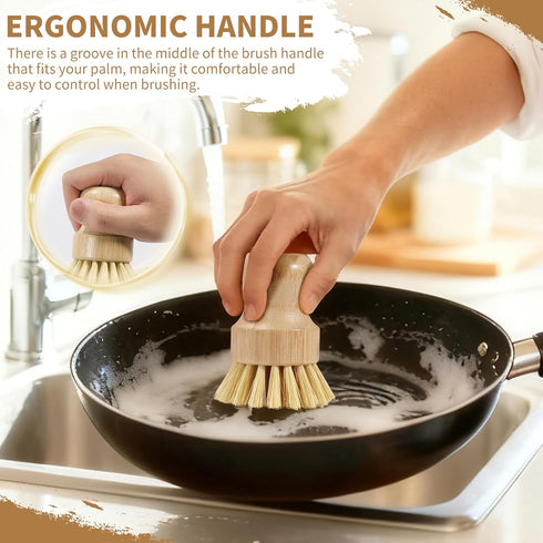 4 Pack Set, Bamboo Dish Brush Natural Palm Dish Scrubber for Pots and Vegetables, Sisal Bristle Bamboo Scrub Brush