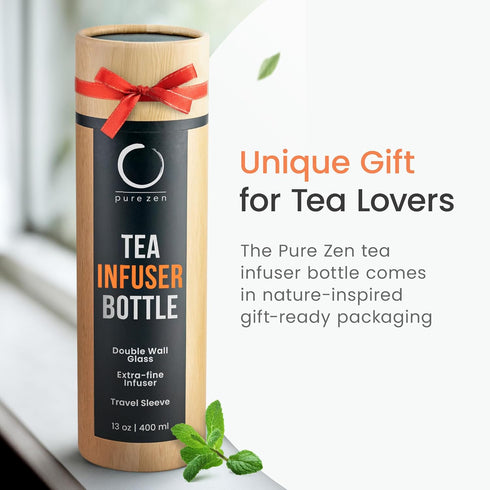 Set 13 oz Pure Zen Tea Tumbler with Infuser - Double Wall Glass Travel Mug with Stainless Steel Filter - Leakproof Tea
