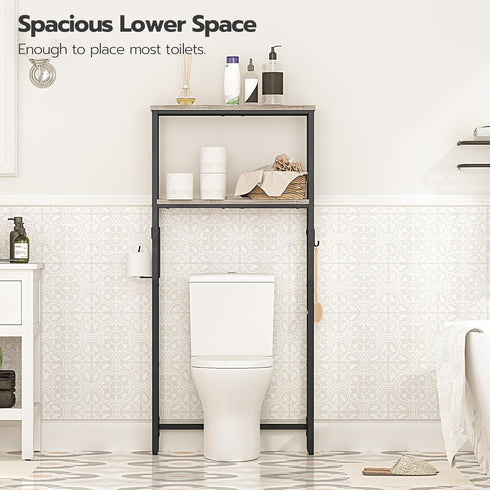 HOOBRO 2-Tier Over The Toilet Storage Organizer Shelf, Bathroom with Toilet Paper Holder and Hooks, Greige and Black
