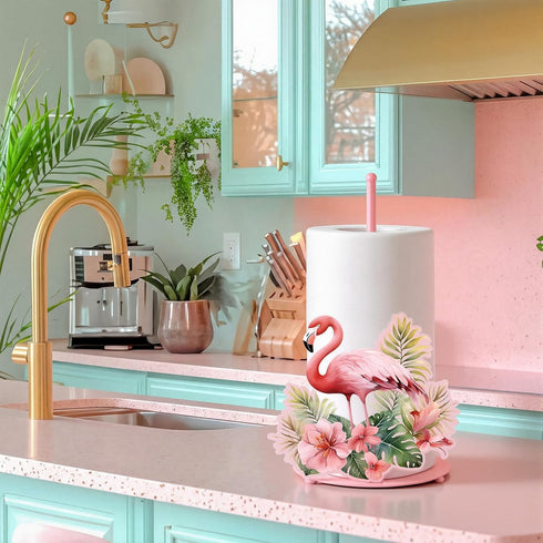 Shimeyao Pink Flamingo Metal Paper Towel Holder Farmhouse Tropical Flamingo Flower Kitchen Decor Accessories Large