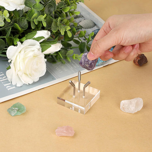 Hipiwe Acrylic Display Stand, Medium Three Metal Peg Easel for Fossils, Crystals, and Geodes in Silver