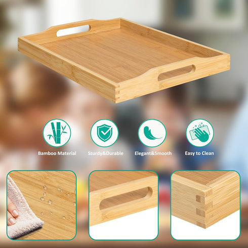 Counter, Bamboo Food Serving Tray with Handles, Breakfast Bed Tray for Tea,Snack,Dinner, Home Decorative Storage Food