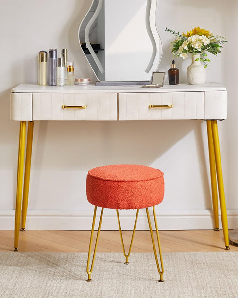 WBD009J IBUYKE Teddy Velvet Round Footrest Stool Ottoman, Makeup Vanity Stool Side Table, Velvet Dressing Table Seat