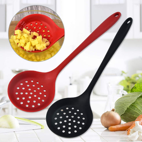 Silicone Skimmer Spoon Set 2, Non-Stick Cooking Slotted Strainer with Long Handle, Red and Black Kitchen Ladle